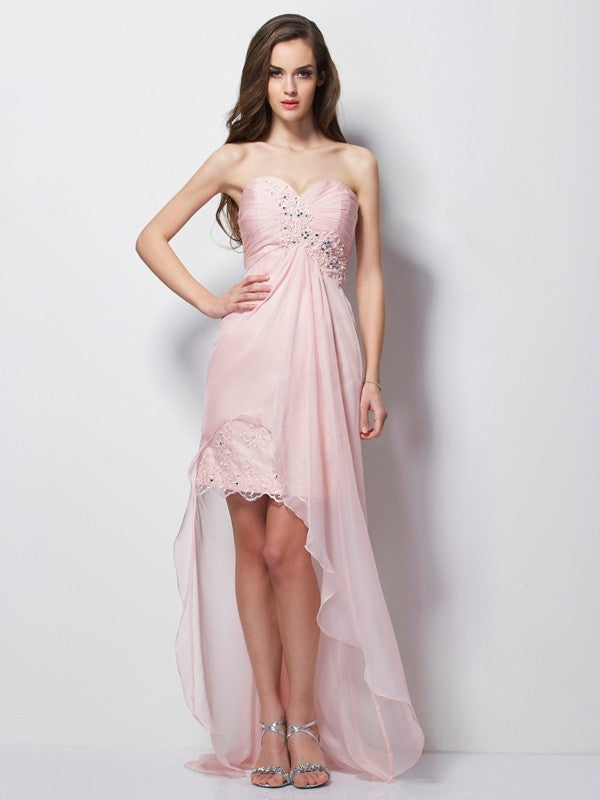 A-Line/Princess Sweetheart Sleeveless Beading Homecoming Dresses Lydia Chiffon Applique High Low Dresses