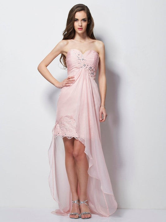 A-Line/Princess Sweetheart Sleeveless Beading Homecoming Dresses Lydia Chiffon Applique High Low Dresses