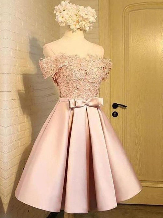Pat Homecoming Dresses Satin A-Line/Princess Applique Off-The-Shoulder Sleeveless Short/Mini