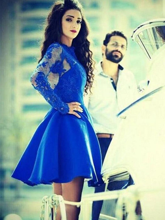 A-Line/Princess Jewel Long Sleeves Applique Short/Mini Hadassah Homecoming Dresses Satin Dresses