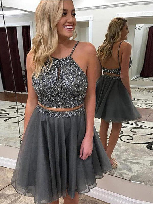 A-Line/Princess Spaghetti Straps Tulle Beading Sleeveless Princess Homecoming Dresses Short/Mini Two Piece Dresses