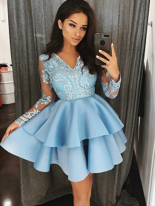A-Line/Princess V-Neck Giovanna Satin Homecoming Dresses Long Sleeves Applique Short/Mini Dresses