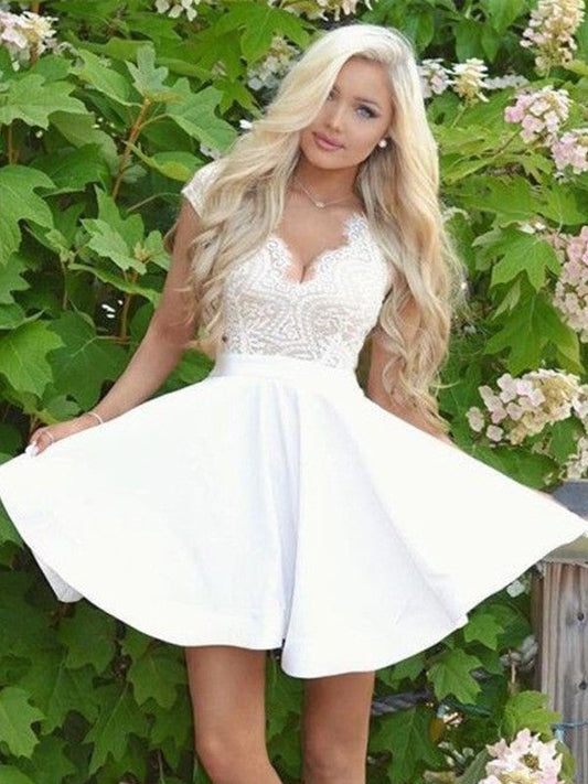 A-Line/Princess V-Neck Short Sleeves Short/Mini Samantha Lace Homecoming Dresses Satin Dresses
