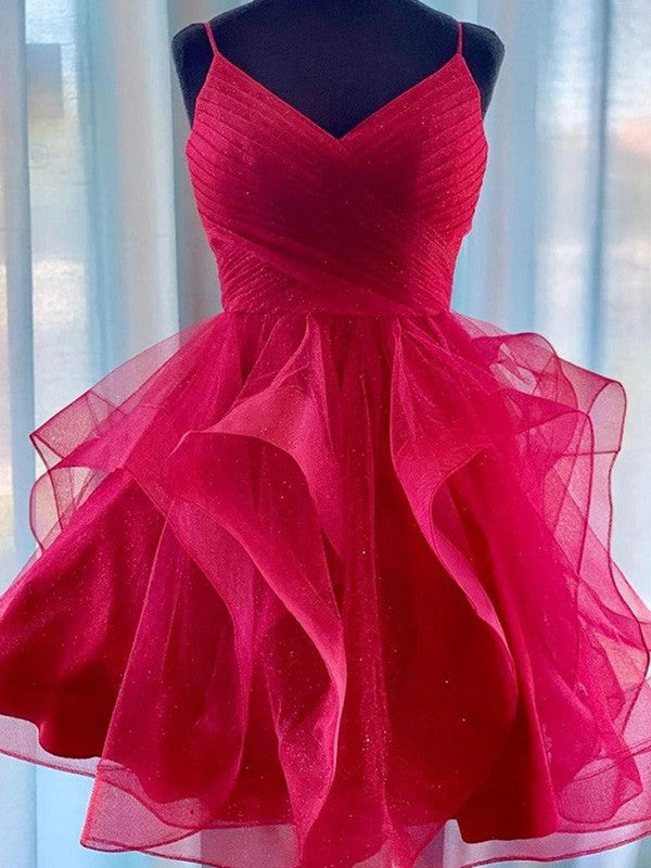 A-Line/Princess Tulle Spaghetti Straps Sleeveless Ruffles Short/Mini Ayanna Homecoming Dresses