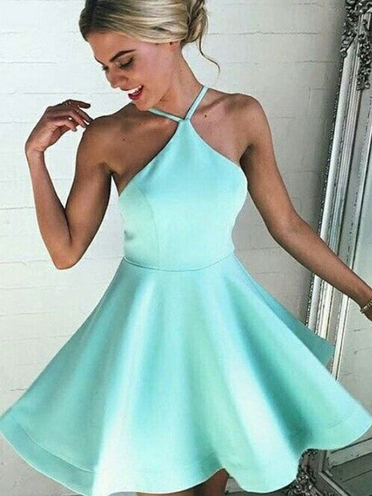 Eve Satin Homecoming Dresses A-Line/Princess Halter Sleeveless Pleated Short/Mini Dresses