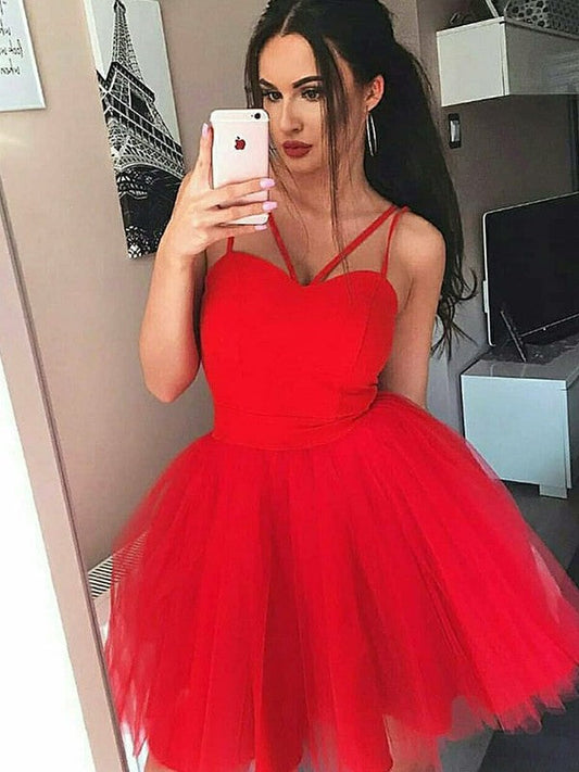Jode Homecoming Dresses A-Line/Princess Tulle Spaghetti Straps Sleeveless Short/Mini Dresses