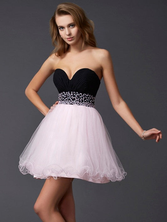 A-Line/Princess Satin Janae Homecoming Dresses Beading Sweetheart Sleeveless Short Elastic Woven