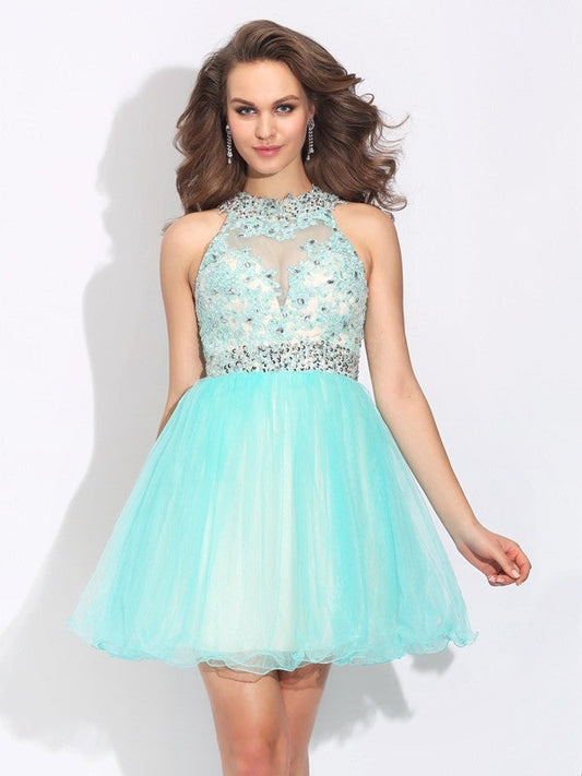 A-Line/Princess High Neck Sleeveless Adrienne Homecoming Dresses Lace Short Net Dresses