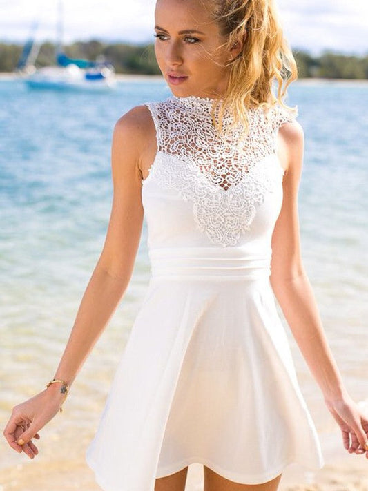 Lace Satin Homecoming Dresses Samara A-Line/Princess Sleeveless High Neck Short/Mini Dresses