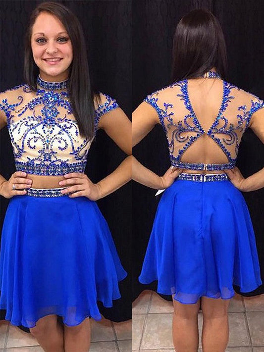 A-Line/Princess Sleeveless High Neck Beading Chiffon Whitney Homecoming Dresses Short/Mini Two Piece Dresses