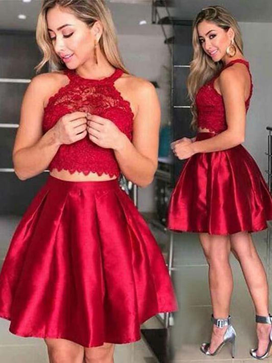 A-Line/Princess Sleeveless Halter Short/Mini Two Piece Amelia Homecoming Dresses Lace Satin Dresses