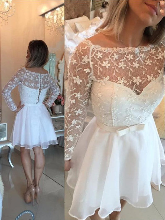 A-Line/Princess Long Sleeves Bateau Sash/Ribbon/Belt Short/Mini Chiffon Homecoming Dresses Undine Dresses