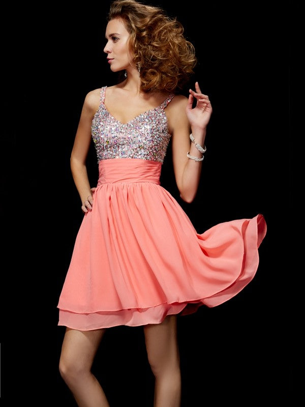 Mylie Chiffon Homecoming Dresses A-Line/Princess V-Neck Sleeveless Beading Short