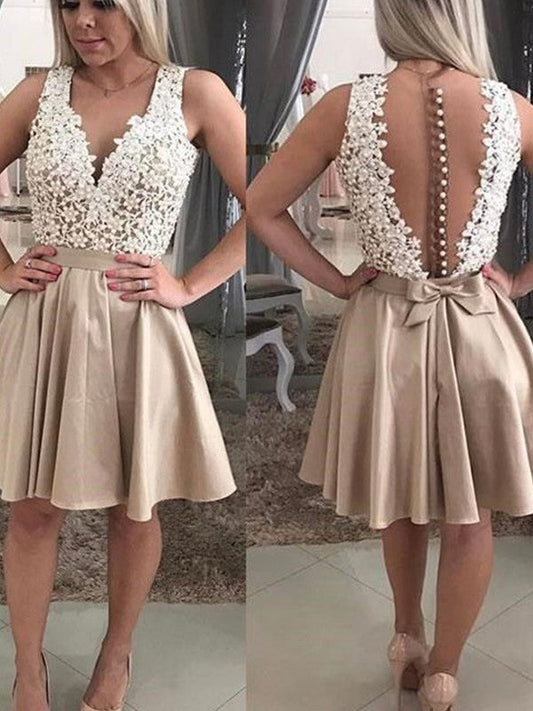 A-Line/Princess Satin Mattie Homecoming Dresses Sleeveless Beading V-Neck Short/Mini Dresses