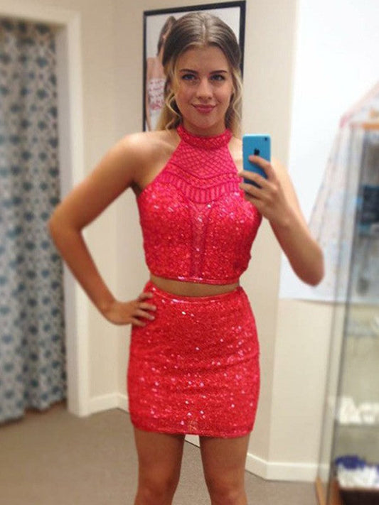 Sheath/Column Sleeveless Halter Sequin Homecoming Dresses Marely Beading Short/Mini Two Piece Dresses