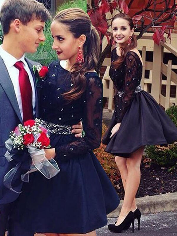 A-Line/Princess Scoop Long Homecoming Dresses Satin Alina Sleeves Short/Mini Beading Dresses