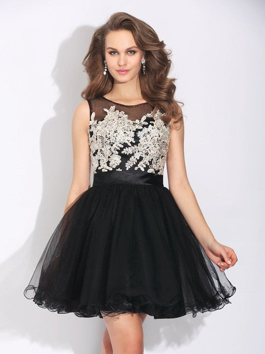A-Line/Princess Homecoming Dresses Millicent Scoop Ruffles Sleeveless Short Net Dresses