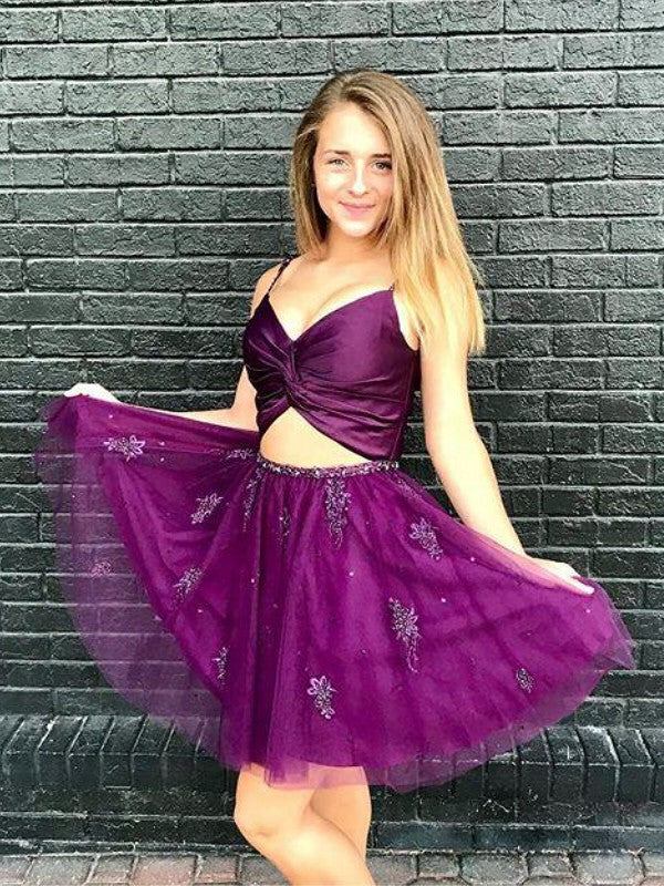 A-Line/Princess Sleeveless Spaghetti Straps Tulle Beading Short/Mini Homecoming Dresses Denisse Two Piece Dresses