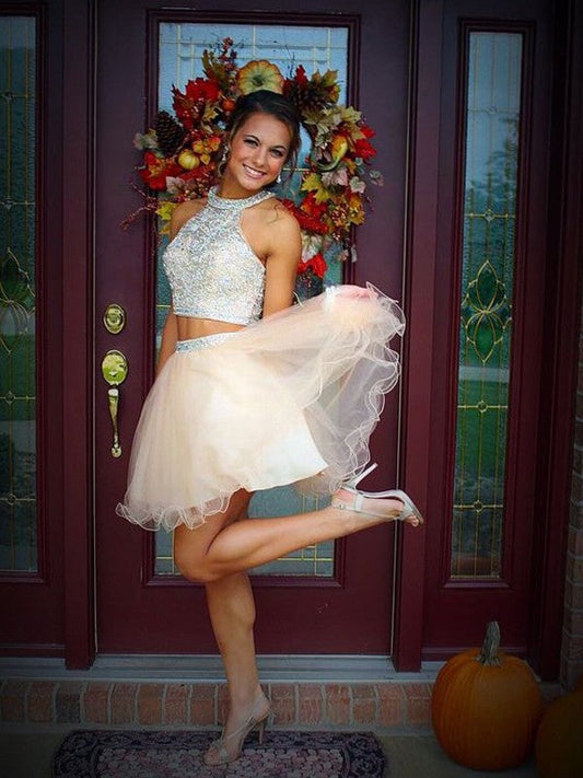 A-Line/Princess Scoop Beading Sleeveless Short/Mini Teagan Homecoming Dresses Tulle Two Piece Dresses