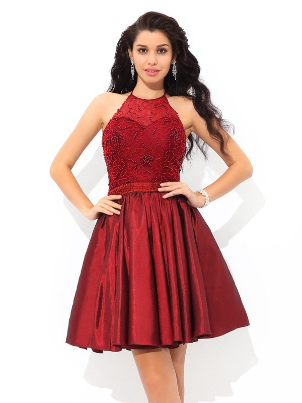 A-Line/Princess Halter Beading Sleeveless Short Taffeta Dresses Madilynn Cocktail Homecoming Dresses
