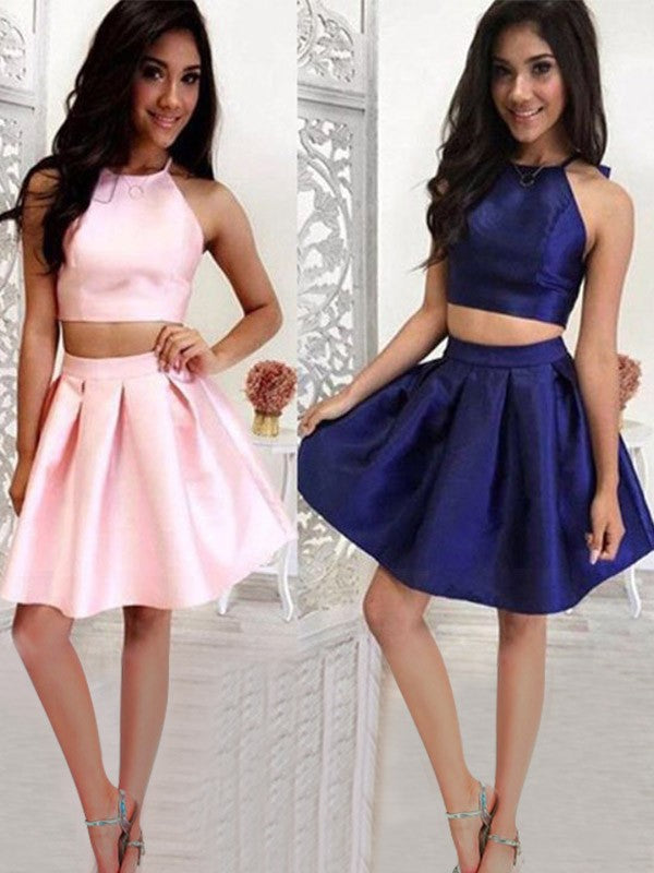 A-Line/Princess Ruffles Halter Sleeveless Satin Tori Homecoming Dresses Short/Mini Two Piece Dresses