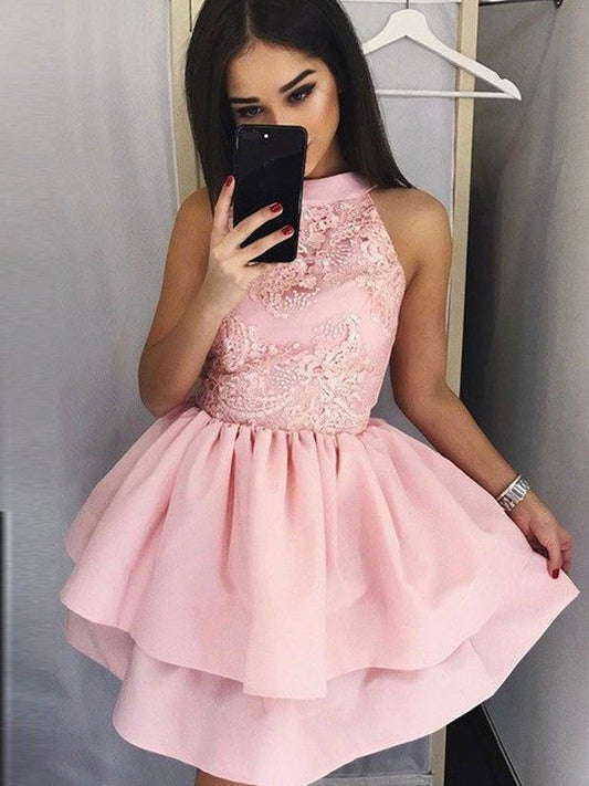 A-Line/Princess Jewel Sleeveless Gwendolyn Satin Homecoming Dresses Lace Short/Mini Dresses