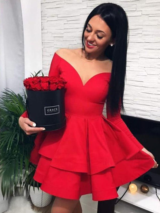 A-Line/Princess Stretch Autumn Homecoming Dresses Crepe Off-The-Shoulder Ruffles Long Sleeves Short/Mini Dresses