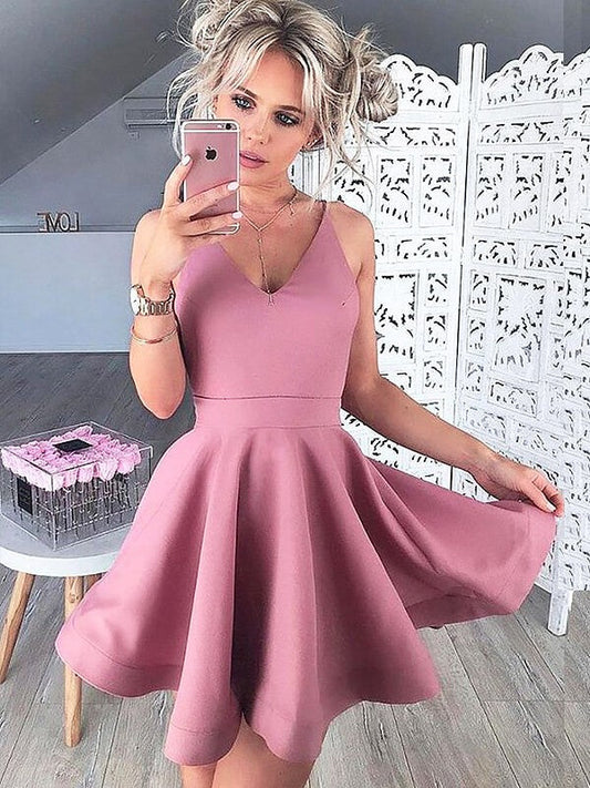 A-Line/Princess V-Neck Satin Leticia Homecoming Dresses Sleeveless Short/Mini Dresses