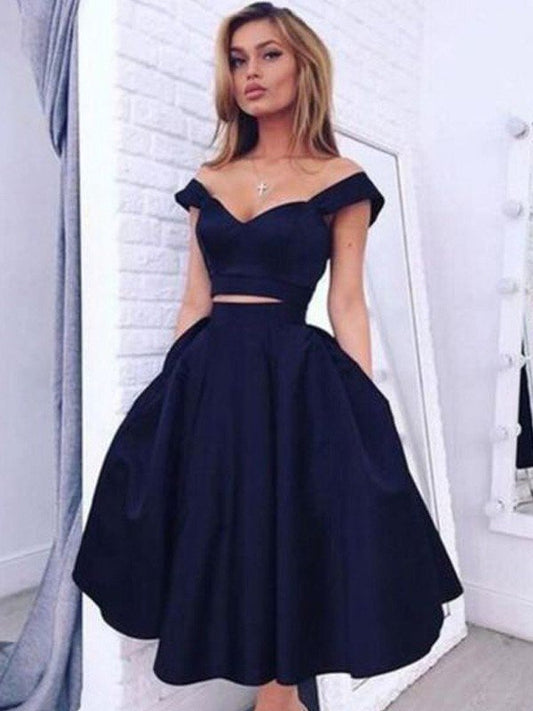 A-Line/Princess Off-The-Shoulder Sleeveless Tea-Length Two Piece Dresses Kit Homecoming Dresses Satin