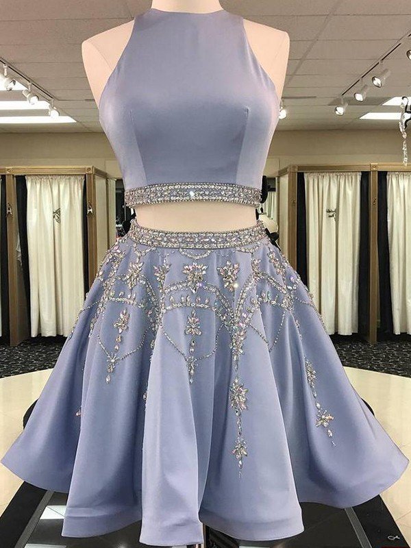 Satin Homecoming Dresses Jaliyah A-Line/Princess Sleeveless Bateau Beading Short/Mini Two Piece Dresses