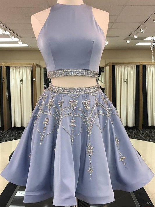 Satin Homecoming Dresses Jaliyah A-Line/Princess Sleeveless Bateau Beading Short/Mini Two Piece Dresses