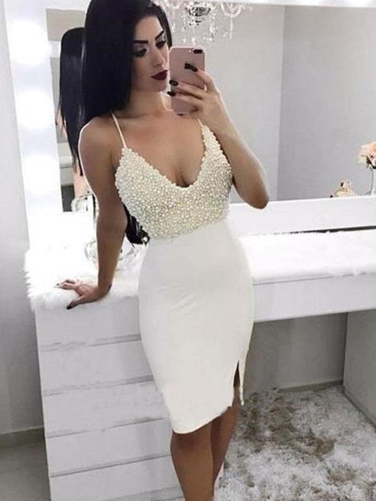 Sheath/Column Beading Spaghetti Straps Homecoming Dresses Satin Kate Sleeveless Knee-Length Dresses