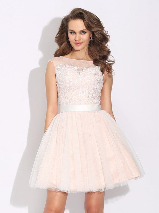 A-Line/Princess Bateau Ruffles Short Sleeves Short Net Dresses Homecoming Dresses Taniyah