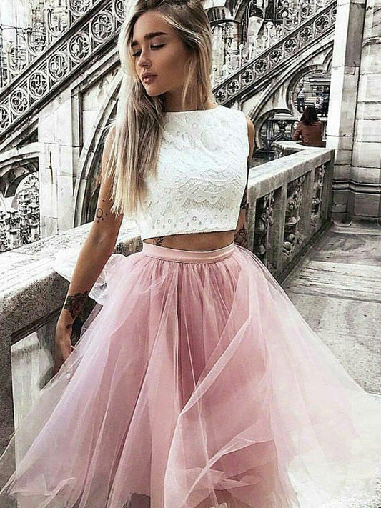 Homecoming Dresses Lace Tina A-Line/Princess Tulle Bateau Sleeveless Knee-Length Two Piece Dresses