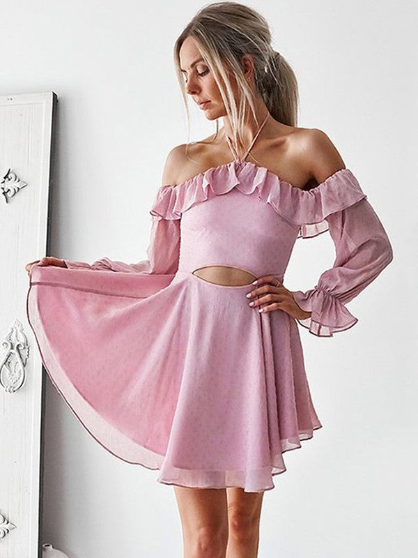 A-Line/Princess Ruffles Chiffon Elena Homecoming Dresses Off-The-Shoulder Long Sleeves Short/Mini Dresses