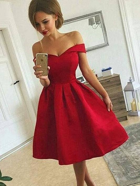 A-Line/Princess Off-The-Shoulder Sleeveless Satin Homecoming Dresses Savannah Ruched Knee-Length Dresses