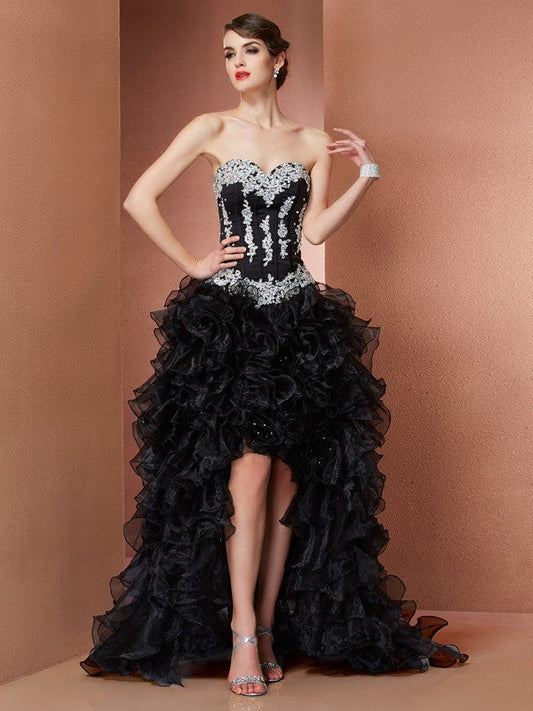 A-Line/Princess Sweetheart Applique Sleeveless Beading High Low Organza Larissa Homecoming Dresses Dresses