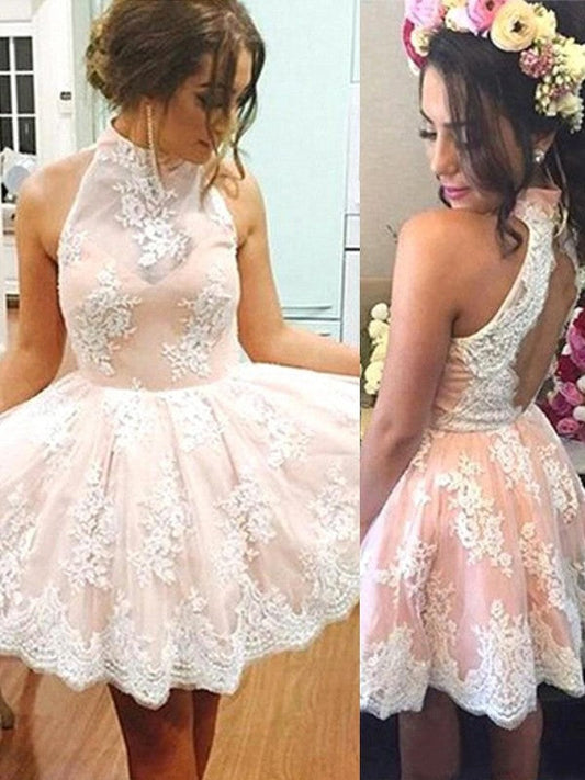 A-Line/Princess Sleeveless Lace Homecoming Dresses Saige High Neck Short/Mini Dresses