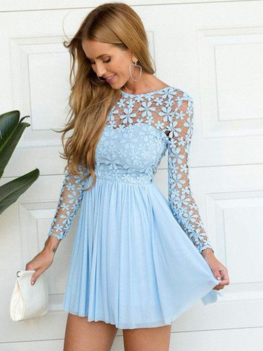 A-Line/Princess Chiffon Homecoming Dresses Karina Lace Scoop Long Sleeves Short/Mini Dresses