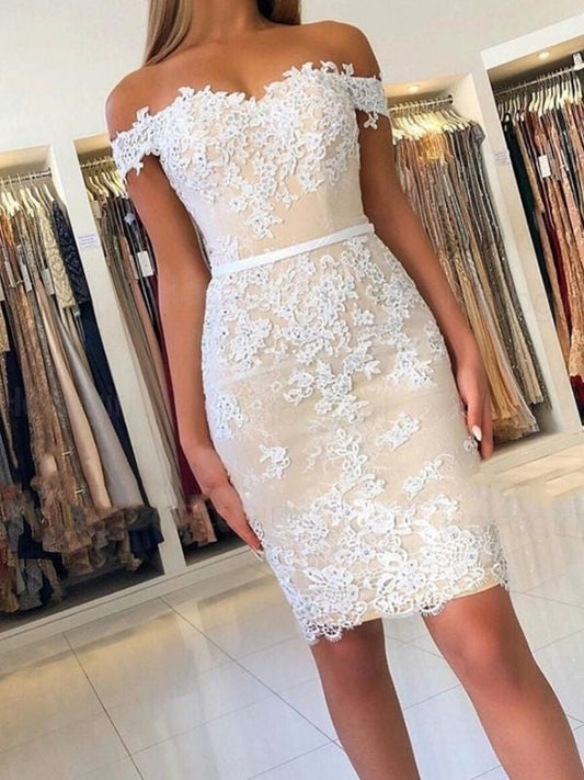 Sheath/Column Off-The-Shoulder Lace Rebecca Homecoming Dresses Sleeveless Applique Short/Mini