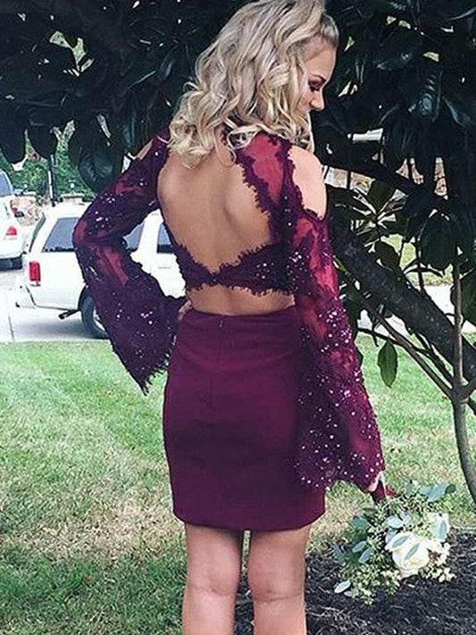 Sheath/Column Scoop Kaydence Satin Homecoming Dresses Long Sleeves Applique Short/Mini Two Piece Dresses