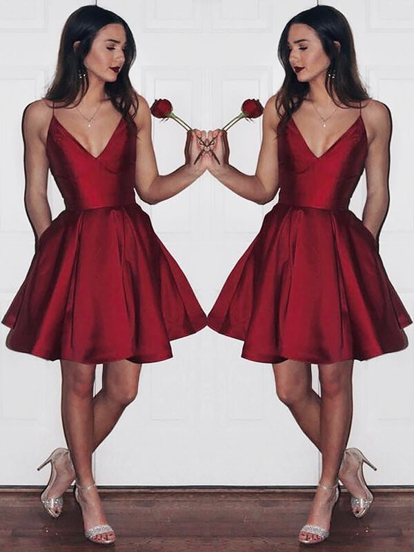 Satin Fiona Homecoming Dresses A-Line/Princess V-Neck Sleeveless Short/Mini Dresses