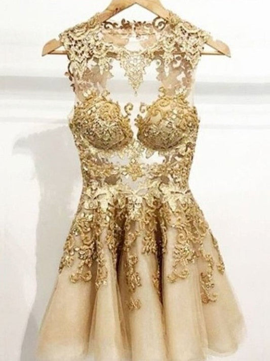A-Line/Princess Bateau Sleeveless Tulle Homecoming Dresses Desiree Applique Short/Mini Dresses