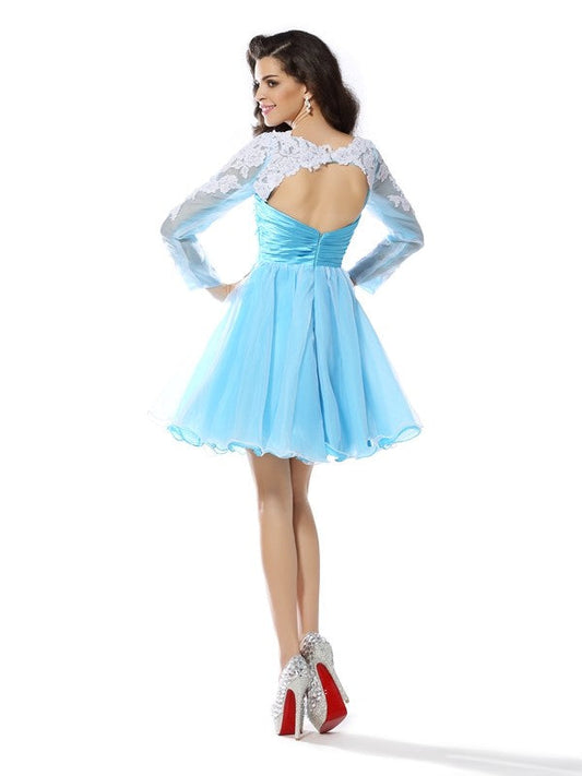 A-Line/Princess Scoop Applique Long Cocktail Satin Homecoming Dresses Rebekah Sleeves Short Elastic Woven Dresses