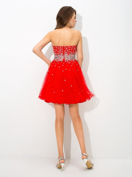 A-Line/Princess Sweetheart Beading Sleeveless Short Organza Dresses Cocktail Pru Homecoming Dresses