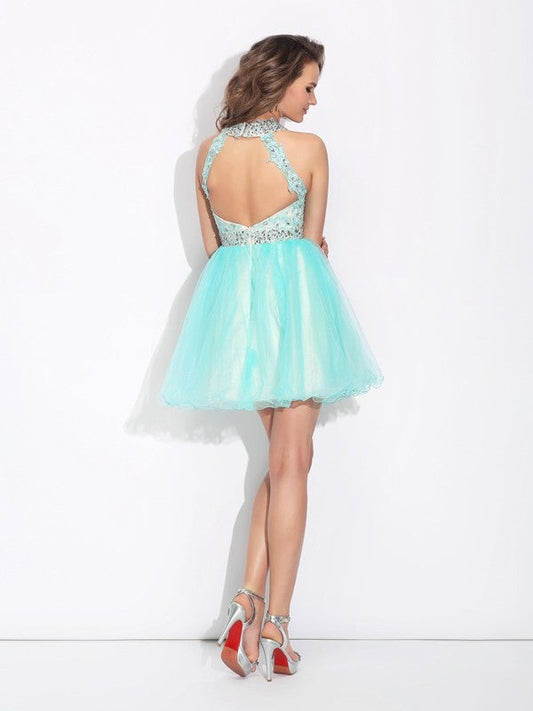 A-Line/Princess High Neck Sleeveless Adrienne Homecoming Dresses Lace Short Net Dresses
