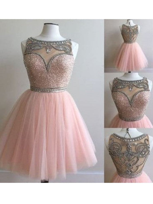 A-Line/Princess Sleeveless Scoop Homecoming Dresses Amira Beading Short/Mini Tulle Dresses