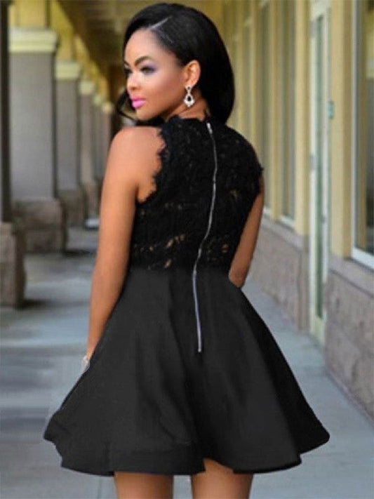 A-Line Jewel Cut Short Homecoming Dresses Satin Lace Charlize With Black