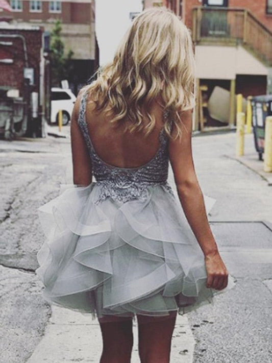 A-Line/Princess V-Neck Sleeveless Applique Short/Mini Tulle Dresses Denise Homecoming Dresses