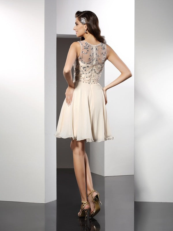 A-Line/Princess Bateau Beading Sleeveless Short Dresses Homecoming Dresses Chiffon Ali Cocktail